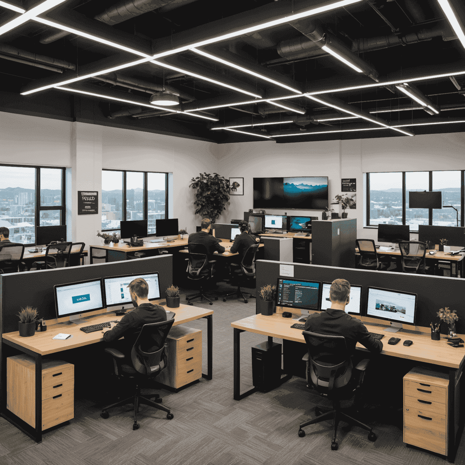 The VegasLuckGames.com office in Canada, showing a modern open-plan workspace with developers and designers working on computer stations. The office has a warm and collaborative atmosphere with Canadian and VegasLuckGames.com branding visible.