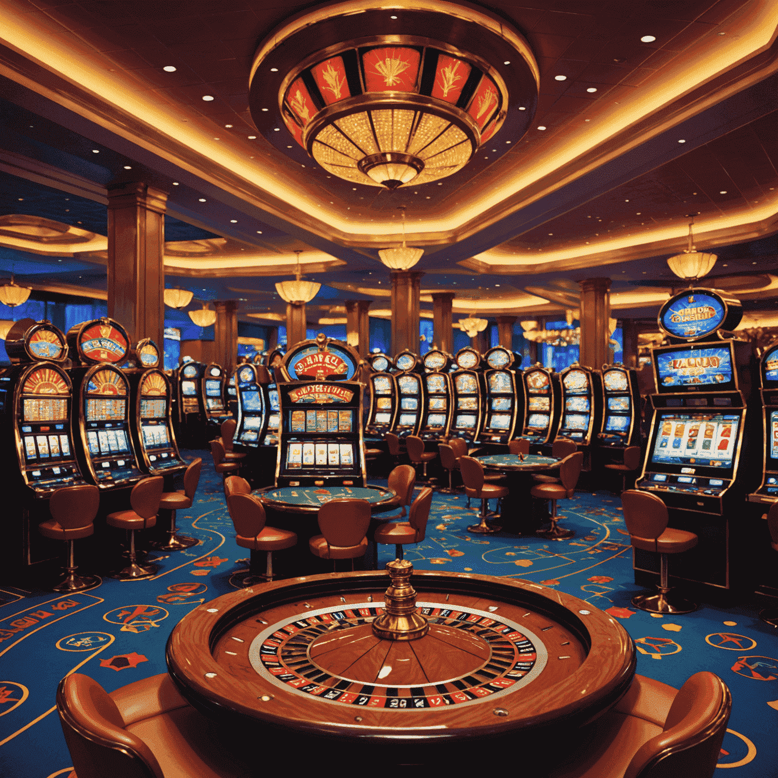 Illustration of various casino games like slot machines, roulette, and poker tables in a vibrant, colorful style reminiscent of Las Vegas casinos