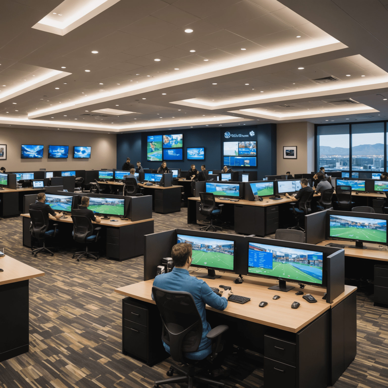 Panoramic view of the VegasLuckGames Canadian office, showcasing a modern open-plan workspace with employees engaged in various tasks related to social casino game development and management