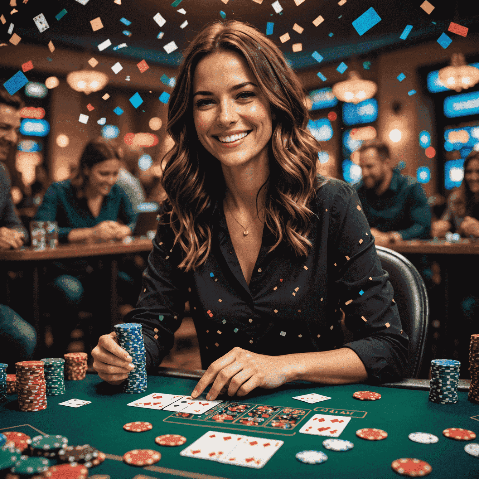 Sarah smiling while playing virtual poker on her tablet, surrounded by celebratory confetti graphics