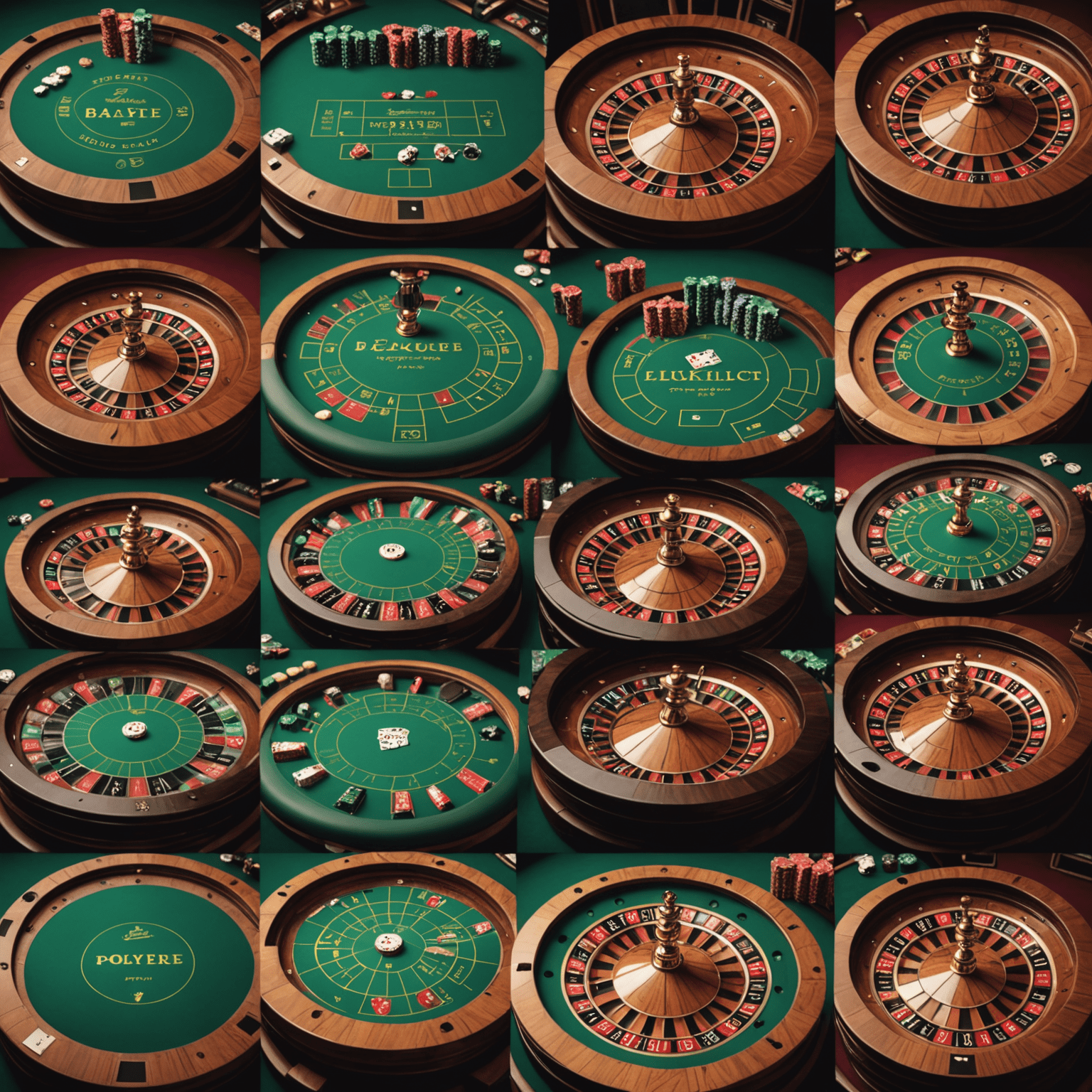 Collage of 5 popular casino games including poker, blackjack, slots, roulette, and baccarat, arranged in a stylish grid