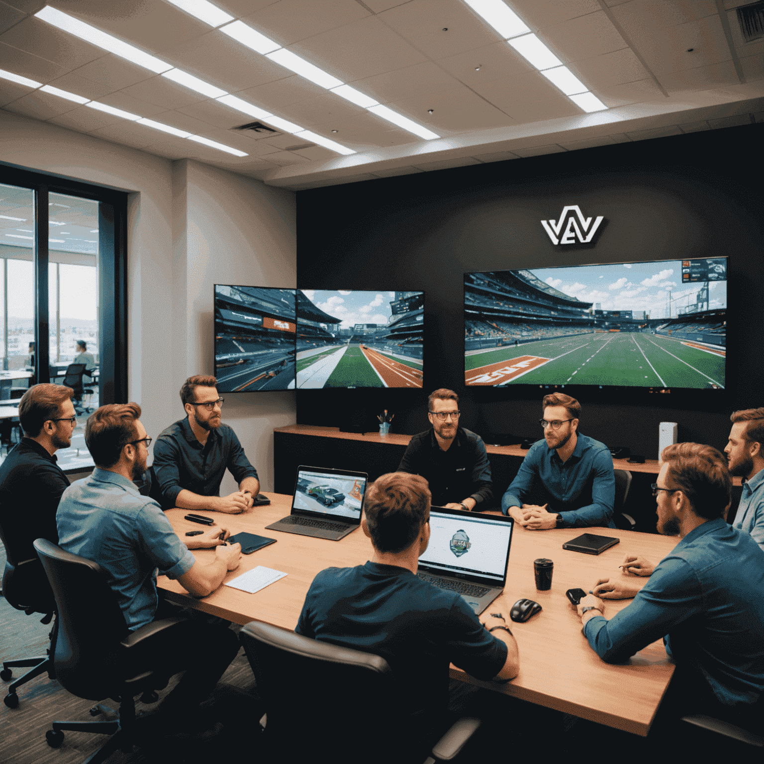 A team meeting in the VegasLuckGames Canadian office, with developers and designers discussing new virtual game concepts and safety features on a large screen