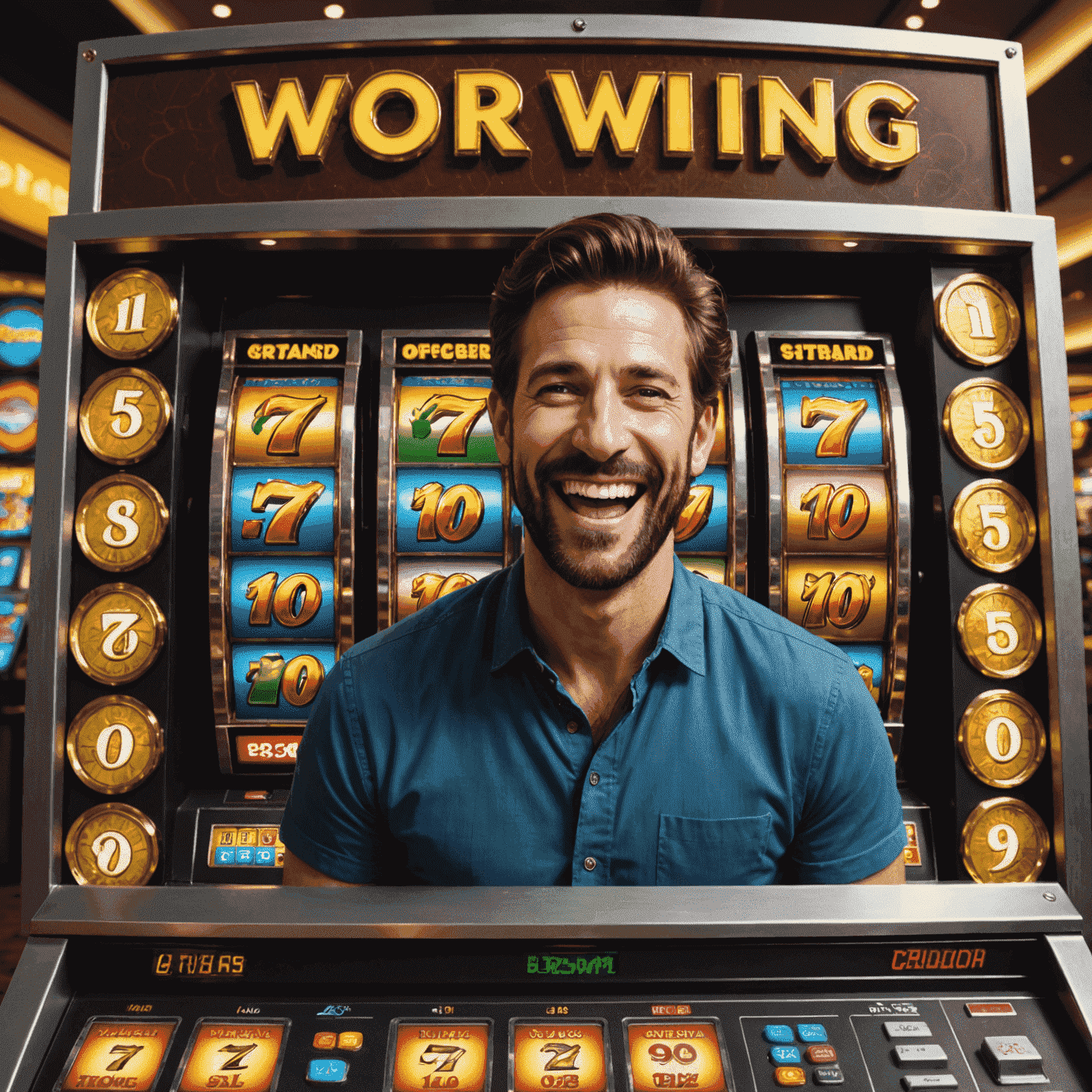 Mike's excited face next to a digital slot machine display showing a million coin win
