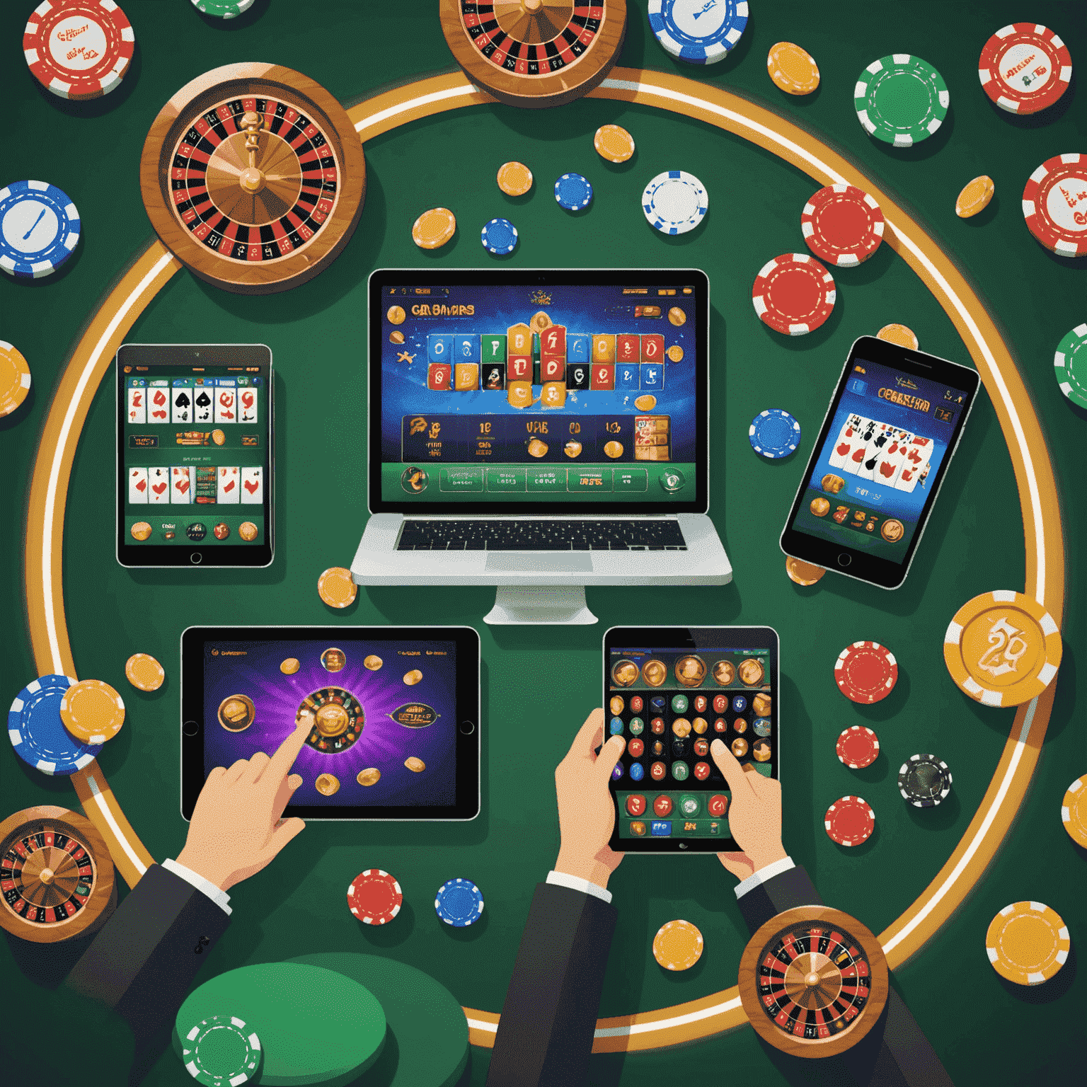 Happy players enjoying virtual casino games on various devices, with floating icons representing tips and tricks