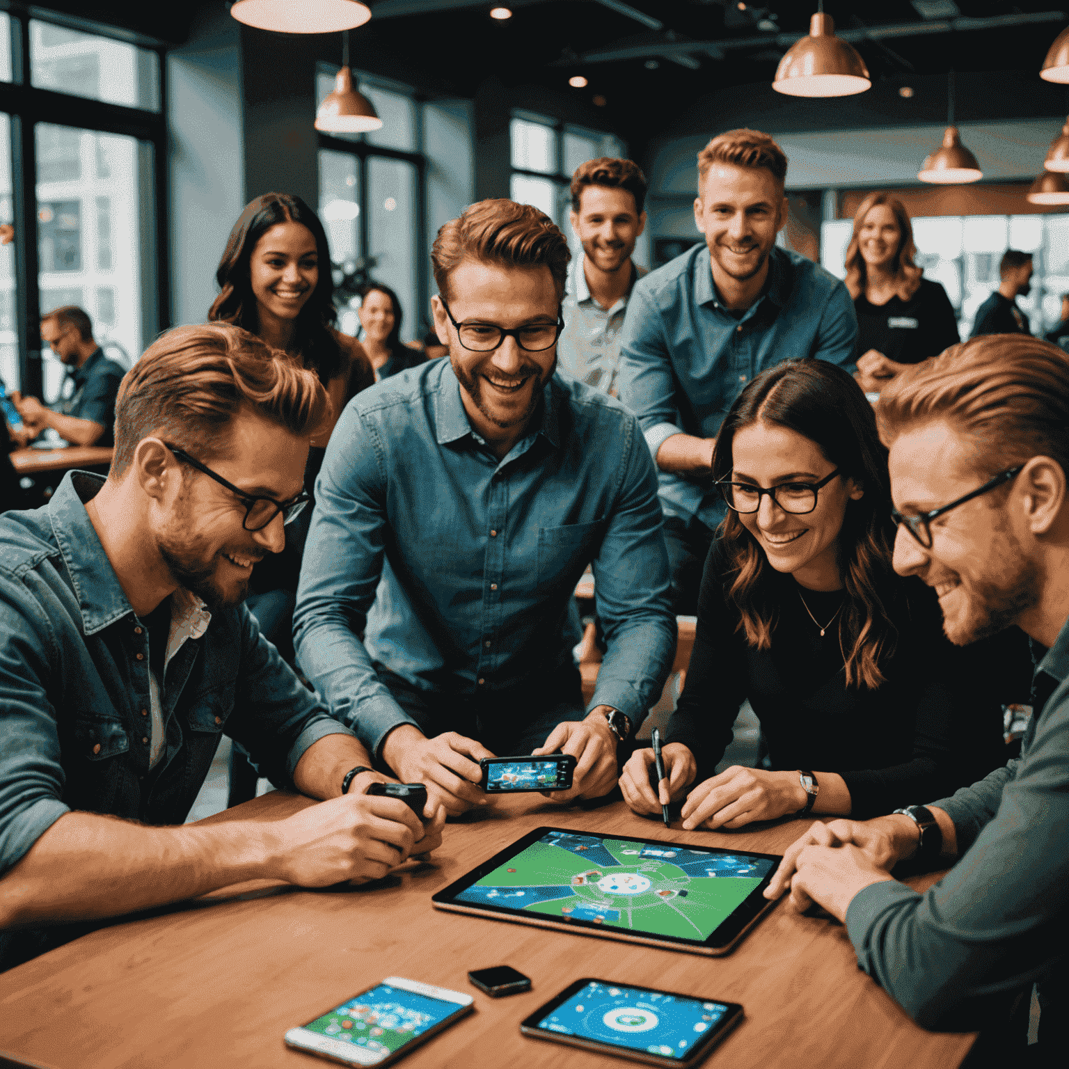 A diverse group of VegasLuckGames employees from the Canadian office gathered around a table, excitedly testing a new virtual game on various devices
