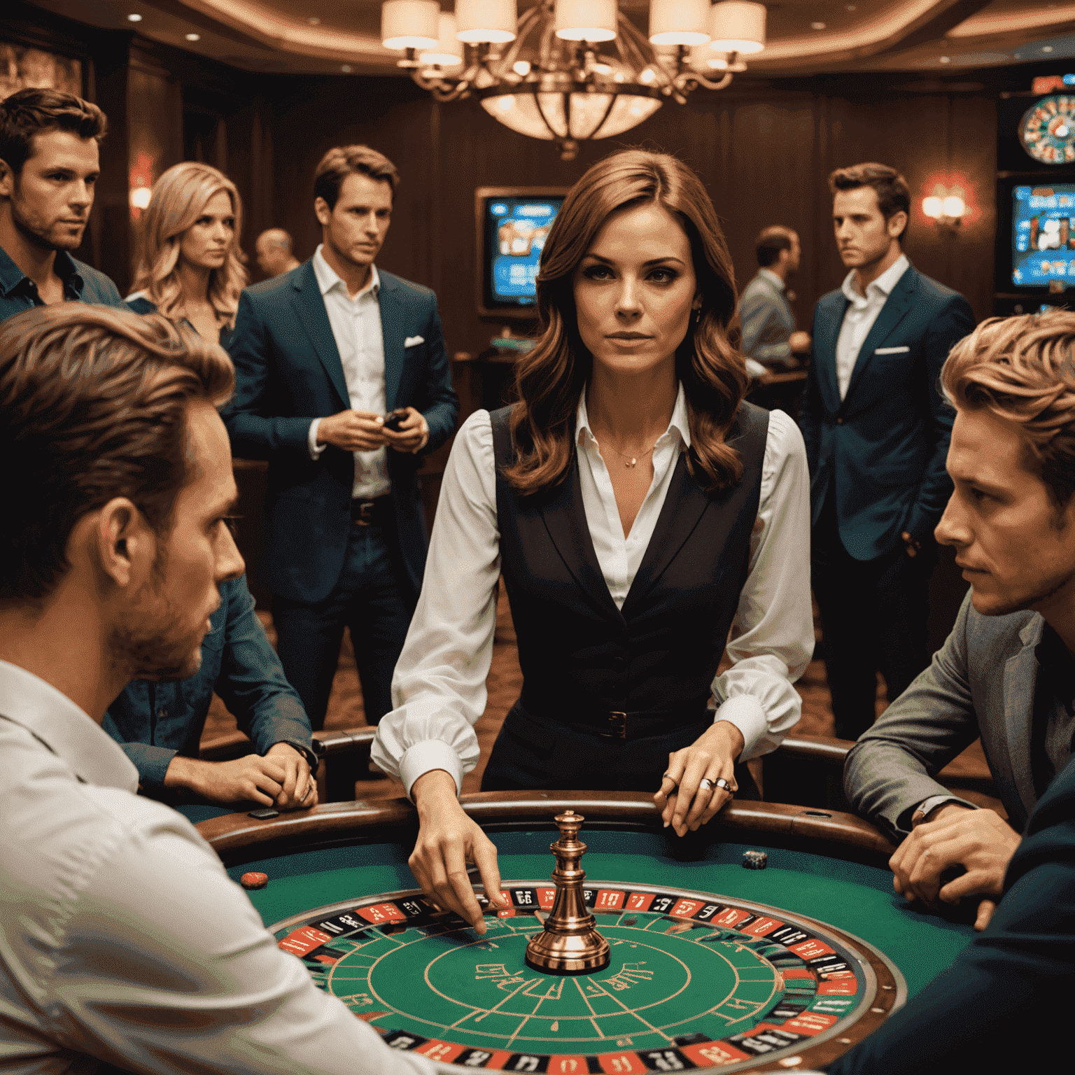 Emily explaining virtual roulette strategies to a group of players in a digital chat room setting