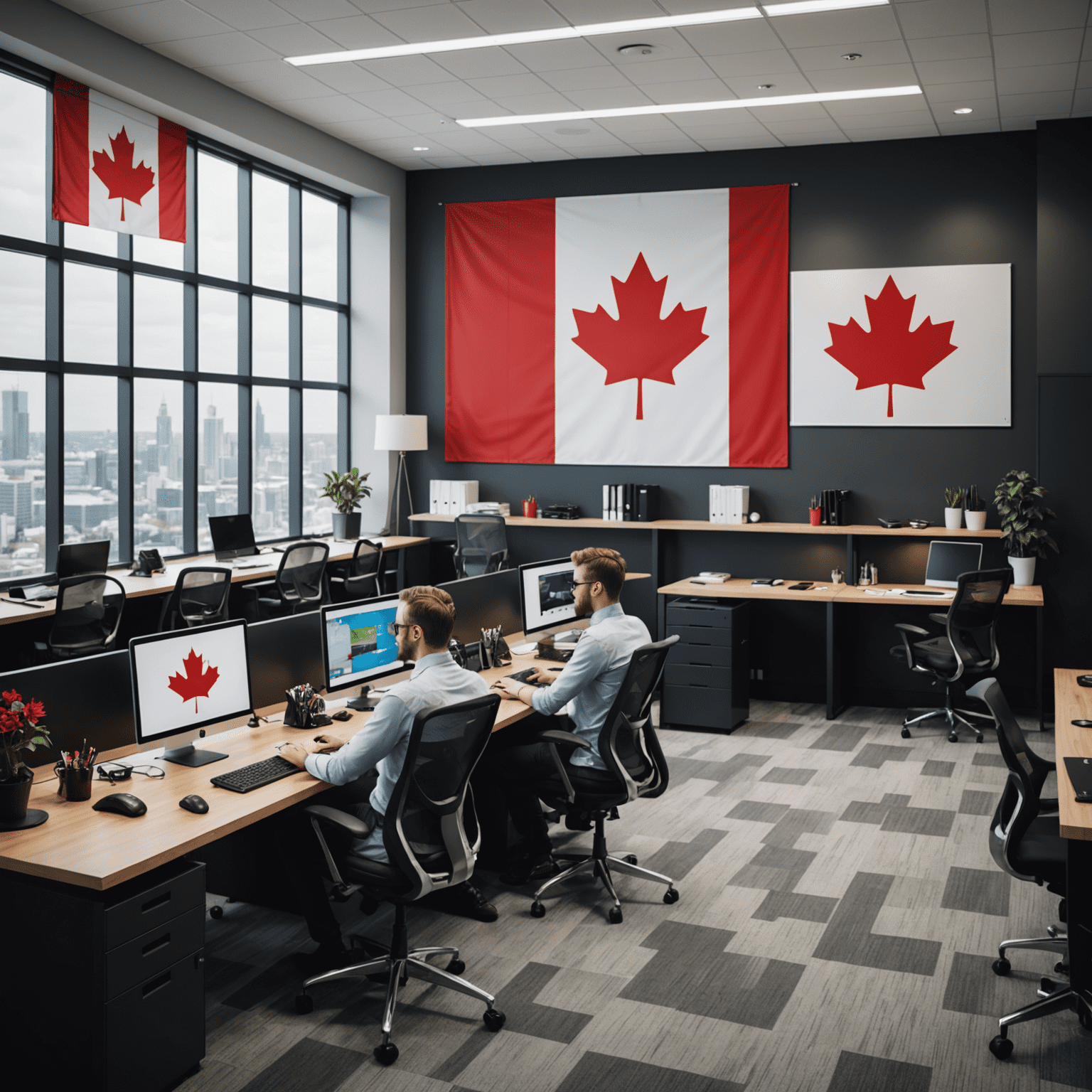 Modern office space with Canadian flag, showing developers and designers working on casino game software