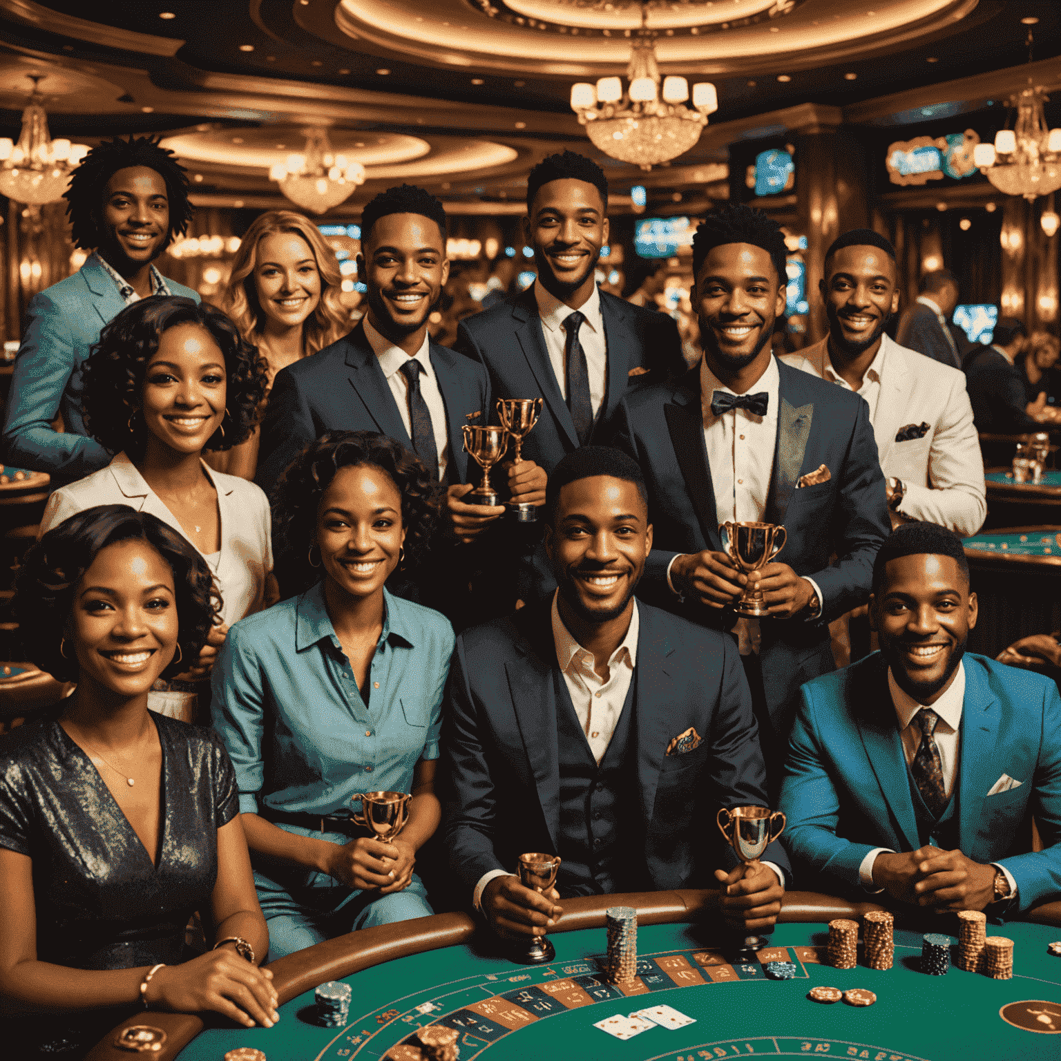 Collage of diverse, happy players with achievement badges and trophies in a social casino setting